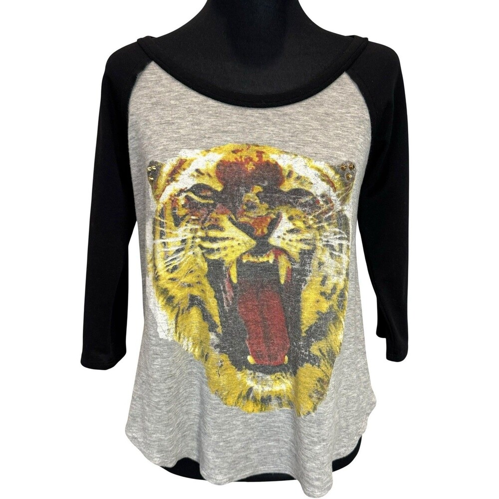 Women’s Gray Black Y2k Shirt Tiger Head Graphic Raglan Sleeve Top Size S